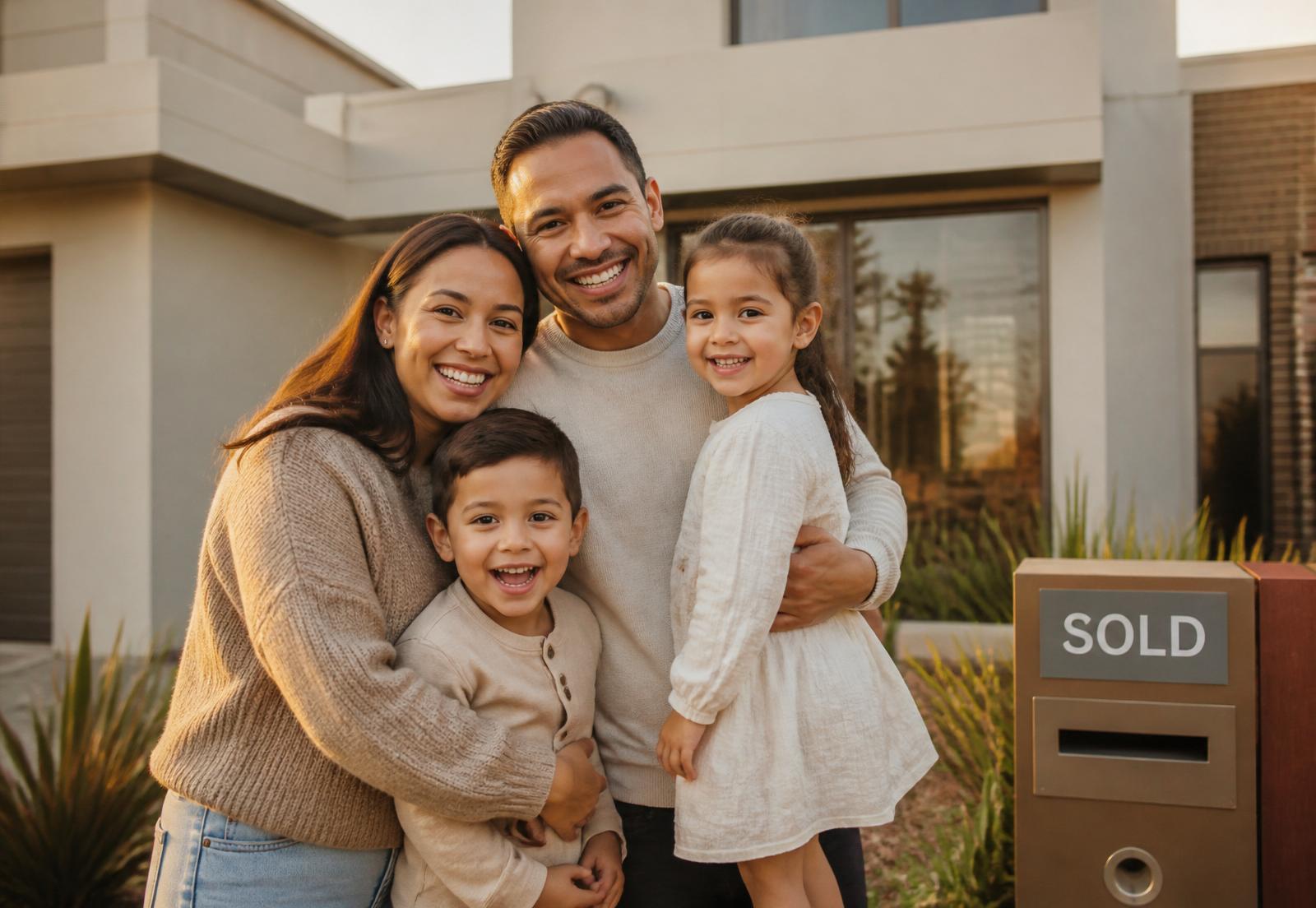 Familia latina feliz frente a su nueva casa en Australia